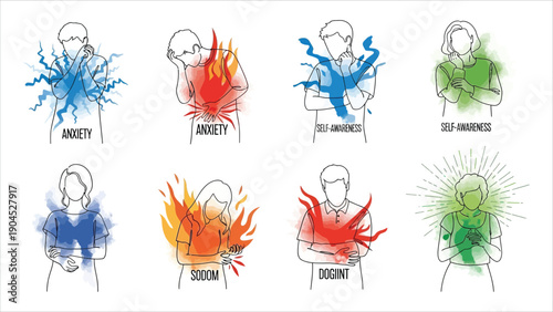 Emotions and Body Psychology Concept Set, Mental Health and Self Awareness Vector