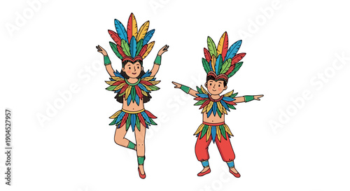 Two cartoon children wearing colorful feathered costumes and headdresses dancing on a white background with vibrant, playful attire.