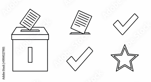 Line drawing of a ballot box with a paper and icons of a document, checks, and a star on a white background.