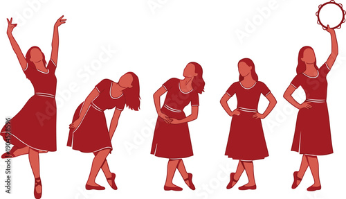 Set of graceful woman dancer illustrations in red dresses performing various artistic poses and playing tambourine isolated on white background for creative design vector.