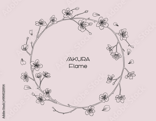 桜の花と蕾をあしらった上品な手書き風ラインアートの円形フレームとピンク背景の素材
