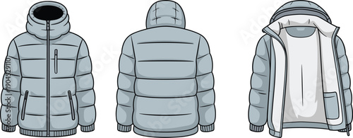 Vector illustration of modern winter puffer jacket showing front back and inside views, technical outerwear design, insulated hooded coat for fashion apparel presentation