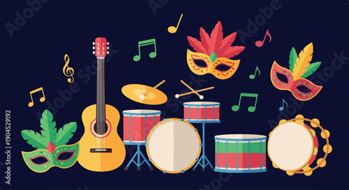 Flat lay of colorful musical instruments and masks on a dark background with musical notes, conveying a festive and lively mood.