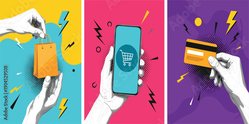 Mobile Online Shopping and Digital Payment Concept Illustration Set with Smartphone Cart, Shopping Bag, Credit Card, and Hand Interaction in Pop Art Style Design