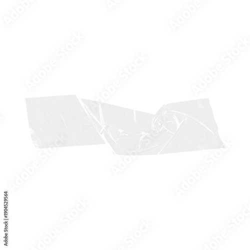 Transparent clear adhesive tape piece with plastic texture and realistic air bubbles isolated on white background for layering designs and digital scrapbooking projects and photo overlays.