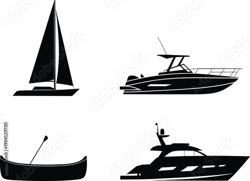 WebSilhouette collection of boats including sailboat, motorboat, canoe, and yacht, nautical watercraft design, marine transport, travel, adventure illustration
