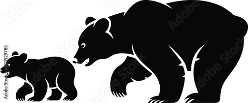 WebSilhouette of adult bear with cub walking together, wildlife family protection, nature animal illustration, forest mammal, wilderness adventure concept design