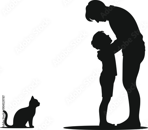 Webfamily silhouette, parent and child, black and white, cat companion, silhouette artwork, emotional bond, silhouette set, family unity, silhouette 
