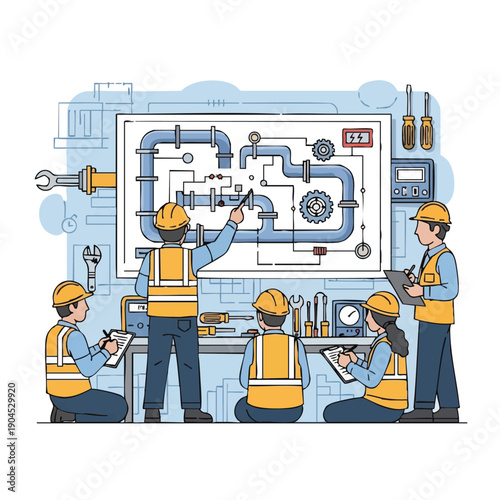 Engineering Team Analyzing Technical System Diagram. Industrial Maintenance Training, Plumbing Blueprint Review, and Collaborative Problem Solving.