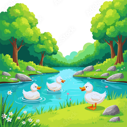 Peaceful forest river with ducks illustration, green woodland stream, cute waterfowl swimming, cartoon nature scene for children books, games and educational design