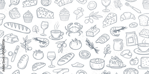 PrintSeamless Hand Drawn Food Pattern Illustration with Bread, Cheese, Seafood, Desserts, Coffee, Wine, and Gourmet Ingredients for Culinary Background and Packaging Design