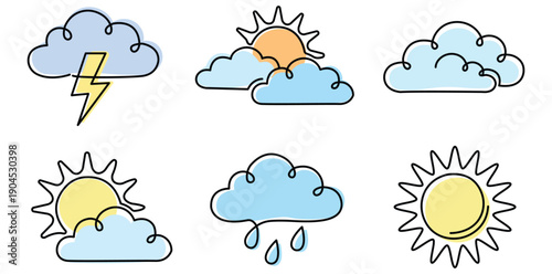 Weather Icons in Focus: A collection of weather icons, depicting diverse climatic conditions with clarity and visual appeal. Ideal for illustrative and informational purposes