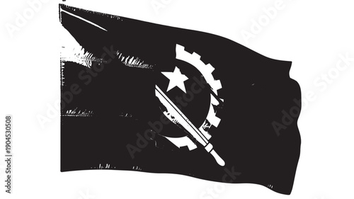 Distressed Angolan flag with white emblem on black fabric in grunge style with rough texture for patriotic design