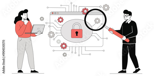 Cybersecurity Assurance: Two individuals are diligently collaborating, safeguarding a digital lock with focused attention.