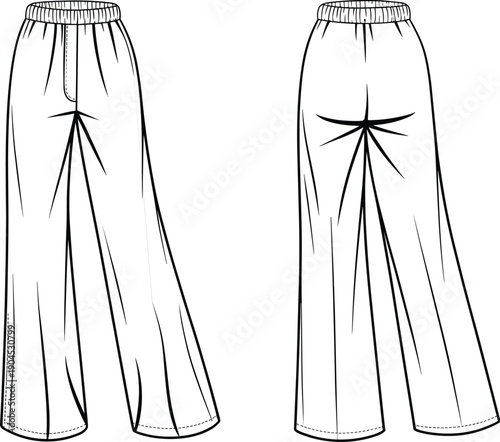 Technical flat sketch of women's wide leg trousers featuring an elasticated waistband, front fly detail, relaxed fit silhouette, and front and back view CAD.
