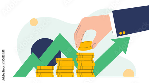 hand stacking coins while an upward arrow chart grows from the stack, Financial growth and business success concept 