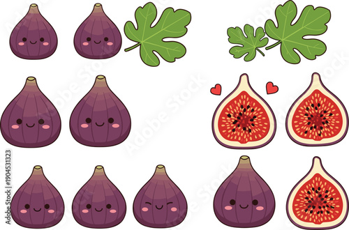Cartoon figs with smiling faces and fig leaves, playful fruit illustration, cute food design, whimsical character art, healthy lifestyle and nutrition concept