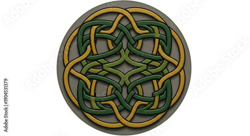Celtic Knotwork Circle Design with Green and Yellow Interlacing Patterns on Gray Background