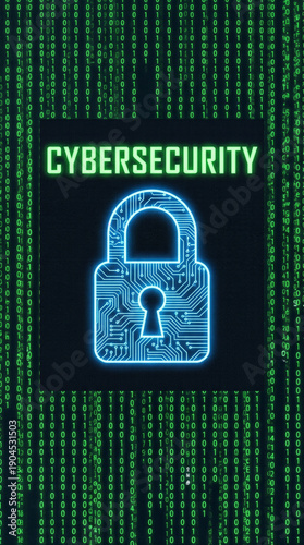 Cyber security concept with a digital padlock and scrolling green code.