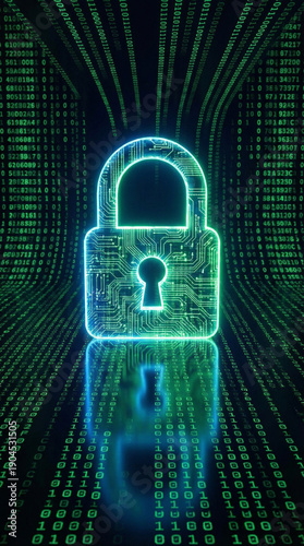 Cyber security concept with a digital padlock and scrolling green code.