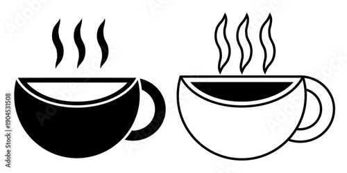 Cup of coffee and tea icon. Black or white silhouette cup isolated on white background. linear illustration, logo for coffee shop, hand drawn artwork