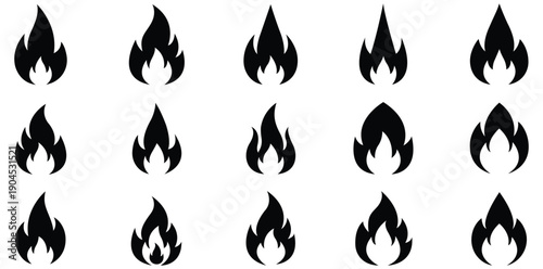 Fire Icon Collection: A set of stylized fire icons, each with a unique flame shape, perfect for design and thematic representations.