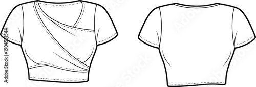 Technical flat sketch of a women's short sleeve wrap crop top featuring a cross-front surplice neckline, fitted silhouette, and back view CAD illustration.