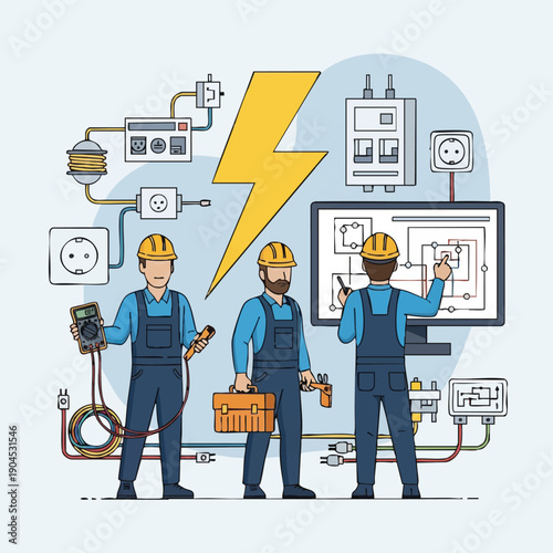 Professional Electricians Team Working on Electrical System Repair and Diagnostics. Technical Service, Engineering, and Wiring Maintenance Illustration.