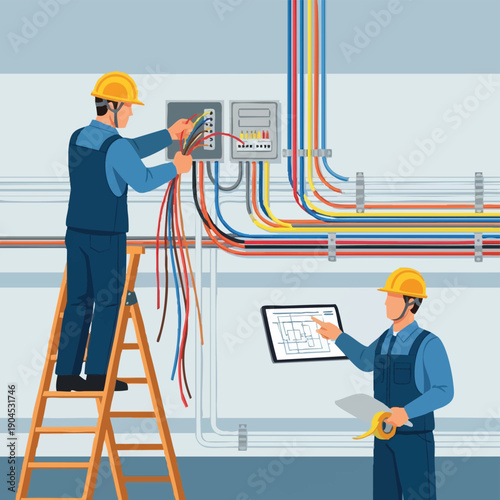 Professional Electricians Installing Wiring and Circuit Breaker Panel. Maintenance Workers Consulting Digital Blueprint on Tablet.