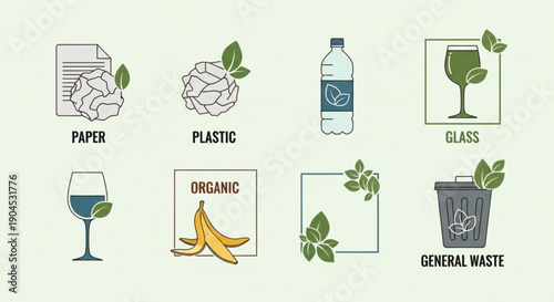 Recycling Symbols for Paper, Plastic, Glass and Organic, and General Waste