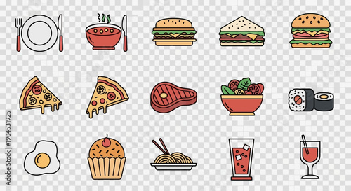 Collection of various food and drink icons including burgers, pizza, sushi, soup, salad, and beverages on a transparent background.