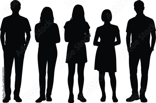 Five silhouettes of diverse individuals in dresses, skirts, and casual attire standing side by side, symbolizing teamwork, workplace diversity, unity, posture variation, and collaboration