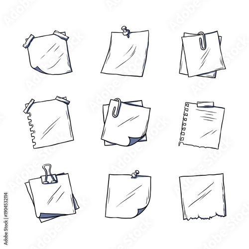 Hand drawn note paper set with clips and pins, doodle sketch memo icons isolated