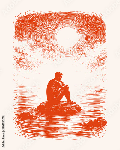 Woodcut style vector graphic of a solitary person sitting on a rock in water under a glowing sun, reflecting deep thought and serene isolation
