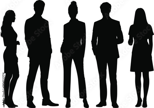 Five silhouettes of diverse professionals in business and formal attire standing side by side, symbolizing teamwork, workplace diversity, unity, leadership, and collaboration