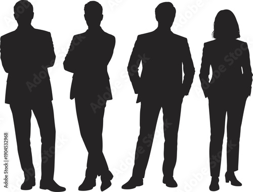 Four silhouettes of corporate professionals in business attire standing side by side with varied postures, symbolizing teamwork, leadership, workplace diversity, unity, and collaboration