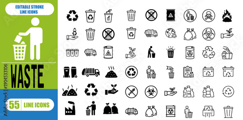 waste icon set. Containing recycling, litter, trash, pollution, landfill, waste management, composting, waste sorting and more. vector illustration