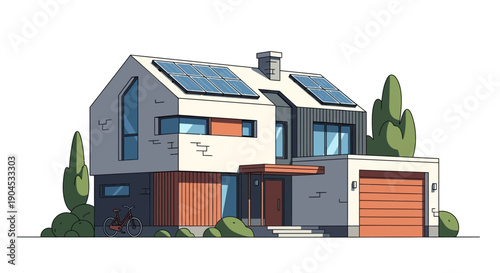 Eco-friendly modern house with solar panels and a garage, surrounded by trees and plants