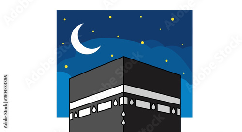 Islamic Kaaba at Night with Crescent Moon and Stars, Symbol of Hajj and Worship