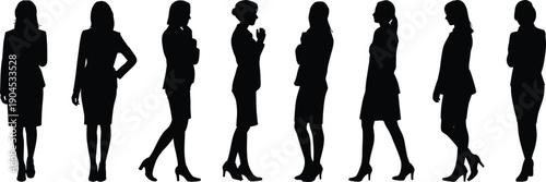 Seven silhouettes of professional women in business attire standing side by side with varied postures, symbolizing workplace diversity, fashion, leadership, unity, and collaboration