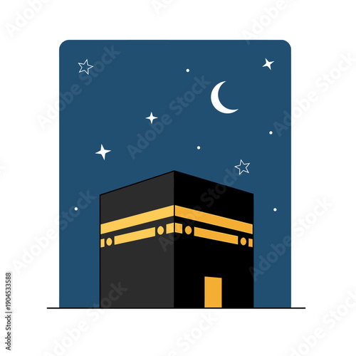 Digital illustration of the Kaaba, the holiest site in Islam, under a starry night sky with a crescent moon, symbolizing Islamic faith and pilgrimage