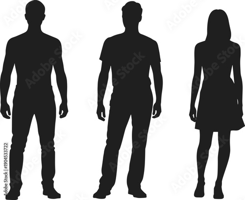 Silhouette of three diverse professionals in business attire standing upright, symbolizing workplace diversity, teamwork, leadership, collaboration, and unity in modern corporate office environment