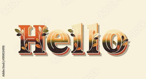 Retro Hello Word Art with Autumn Leaves and Sunset Gradient
