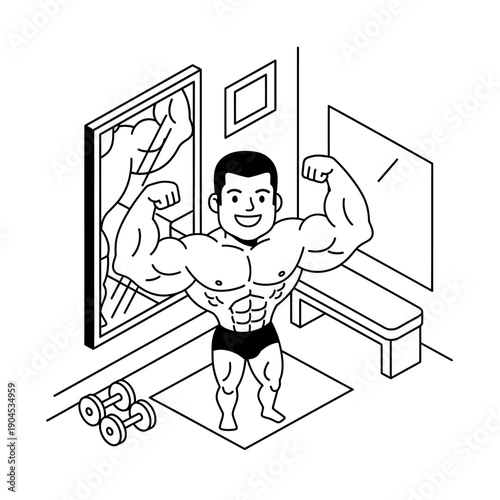 Man flexing muscles in front of mirror with dumbbells on the floor.