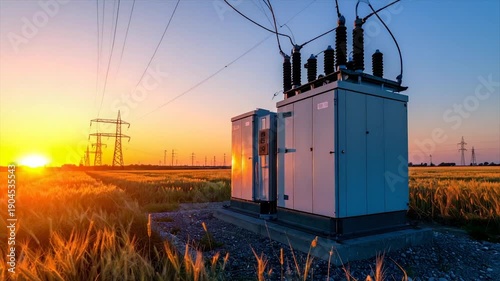 Wallpaper Mural Electrical transformer station in a wheat field bathed in golden sunset light Torontodigital.ca