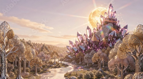 Enchanted crystal forest with sparkling sunlit gems and magical landscape