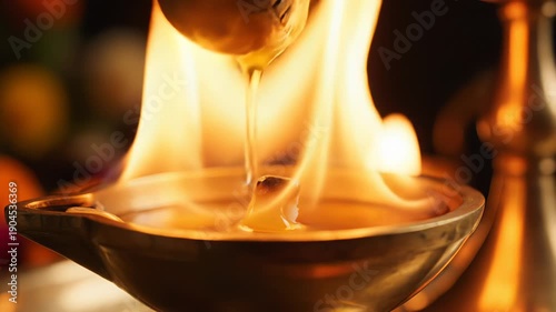 CloseUp Of Golden Oil Being Poured Into An Oil Lamp With Flames Dancing And Soft Bokeh Background Lighting In Warm Tones