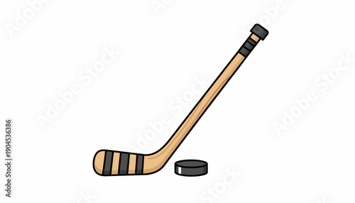 Energetic cartoon illustration of a classic ice hockey stick and black puck, symbolizing winter sports and competitive games, perfect for themed graphics and athletic designs