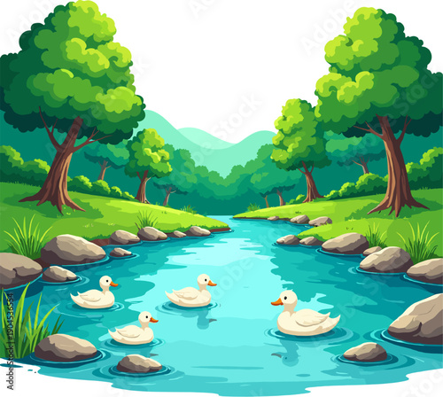 Peaceful forest river with ducks illustration, green woodland stream, cute waterfowl swimming, cartoon nature scene for children books, games and educational design