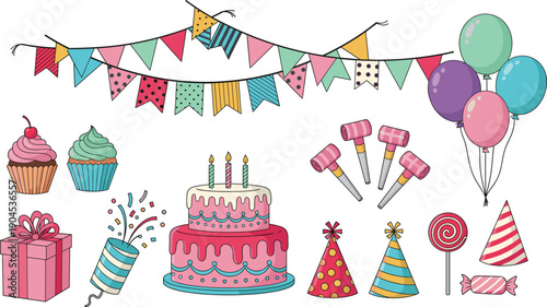 Complete Hand-Drawn Birthday Party Set Featuring Two-Tier Cake, Colorful Bunting, Party Hats, Balloons, and Sweet Treats for Festive Graphic Design